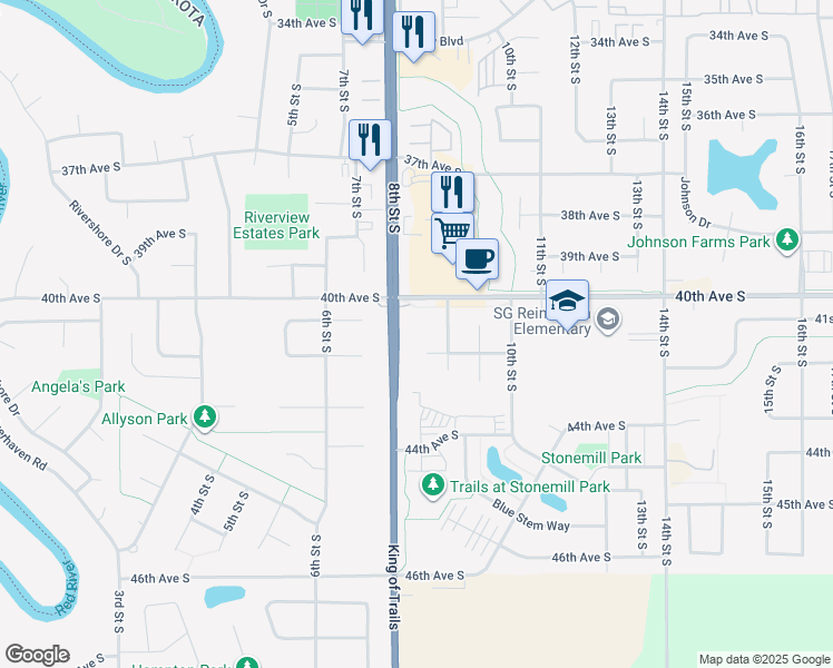 map of restaurants, bars, coffee shops, grocery stores, and more near 800 41st Avenue South in Moorhead
