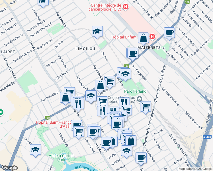 map of restaurants, bars, coffee shops, grocery stores, and more near 4e Avenue in Ville de Québec