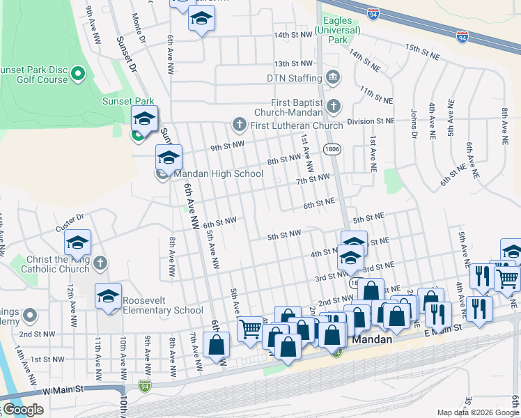 map of restaurants, bars, coffee shops, grocery stores, and more near 605 3rd Avenue Northwest in Mandan