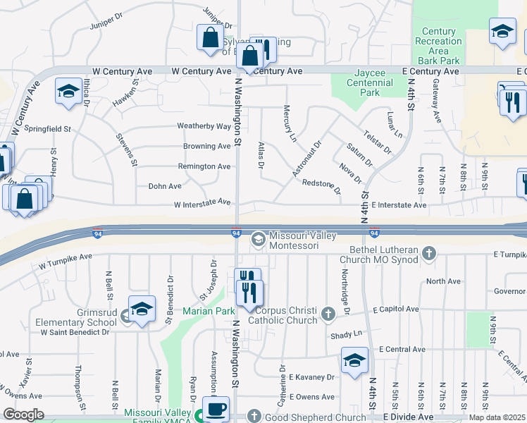 map of restaurants, bars, coffee shops, grocery stores, and more near 200 West Turnpike Avenue in Bismarck