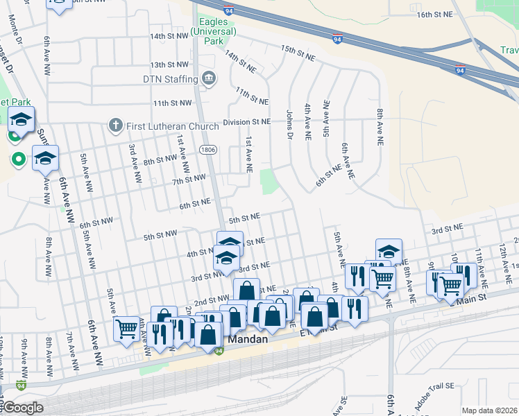 map of restaurants, bars, coffee shops, grocery stores, and more near 507 2nd Avenue Northeast in Mandan