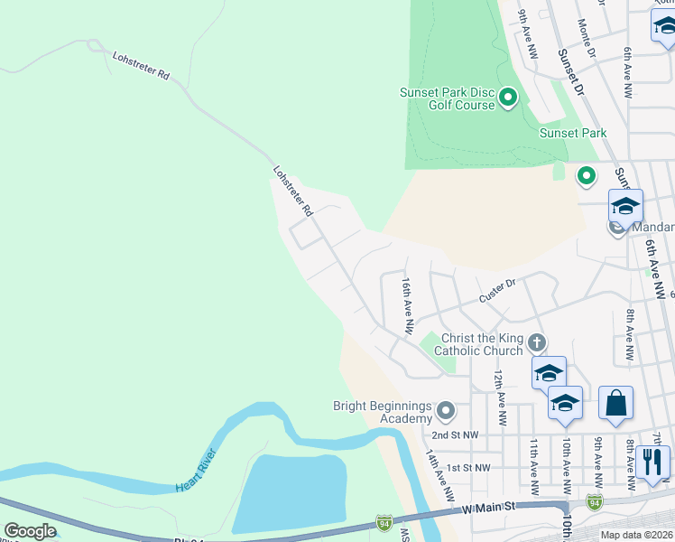 map of restaurants, bars, coffee shops, grocery stores, and more near 803 Bruce Drive in Mandan