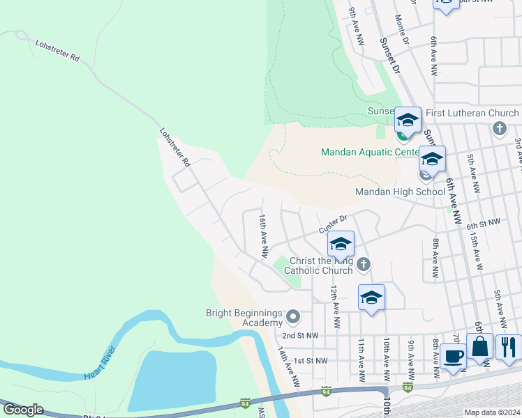 map of restaurants, bars, coffee shops, grocery stores, and more near 799 16th Ave NW in Mandan