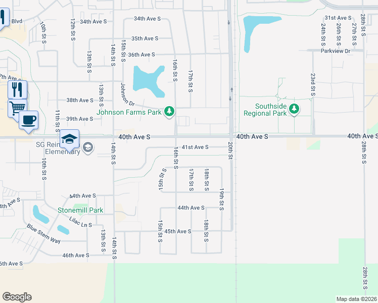 map of restaurants, bars, coffee shops, grocery stores, and more near 1610 42nd Avenue South in Moorhead
