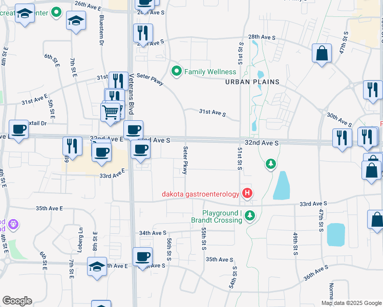 map of restaurants, bars, coffee shops, grocery stores, and more near 3230 54th Street in Fargo