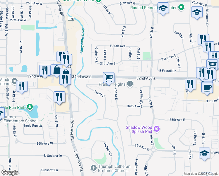 map of restaurants, bars, coffee shops, grocery stores, and more near 167 33rd Avenue East in West Fargo