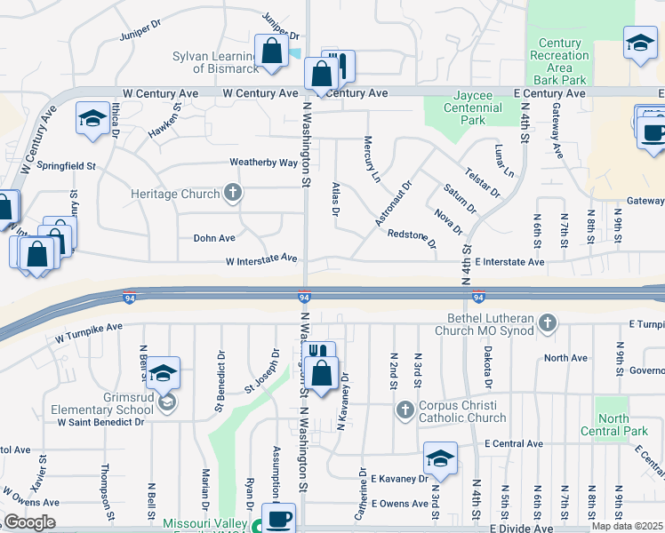 map of restaurants, bars, coffee shops, grocery stores, and more near 120 West Interstate Avenue in Bismarck