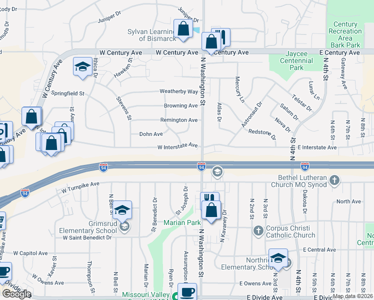 map of restaurants, bars, coffee shops, grocery stores, and more near 2401 Winchester Drive in Bismarck