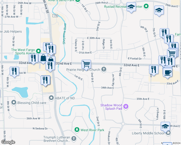 map of restaurants, bars, coffee shops, grocery stores, and more near 167 33rd Avenue East in West Fargo