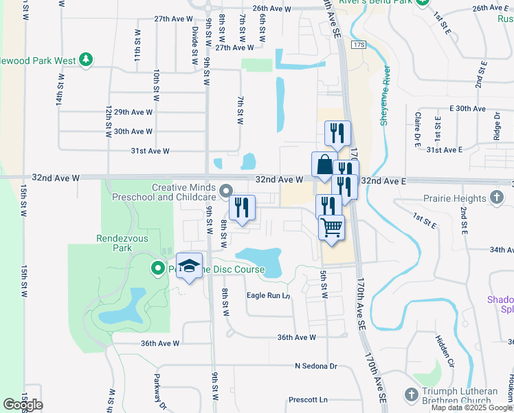 map of restaurants, bars, coffee shops, grocery stores, and more near 608 33rd Avenue West in West Fargo