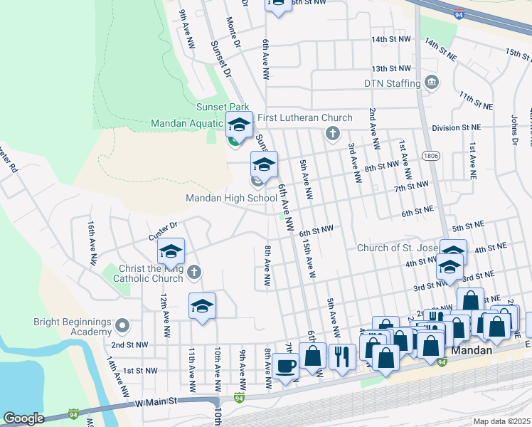map of restaurants, bars, coffee shops, grocery stores, and more near 806 8th Avenue Northwest in Mandan