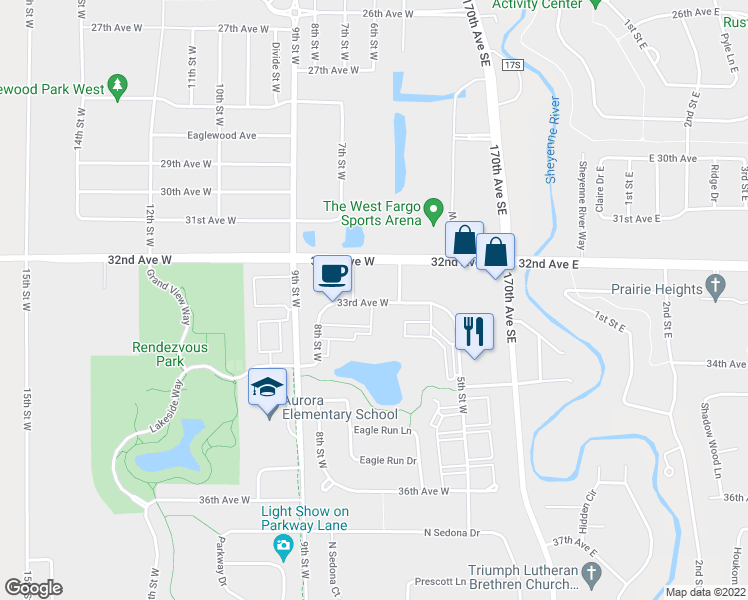 map of restaurants, bars, coffee shops, grocery stores, and more near 605 33rd Avenue West in West Fargo