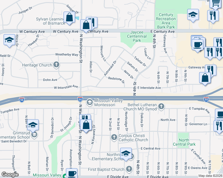 map of restaurants, bars, coffee shops, grocery stores, and more near 219 Redstone Drive in Bismarck