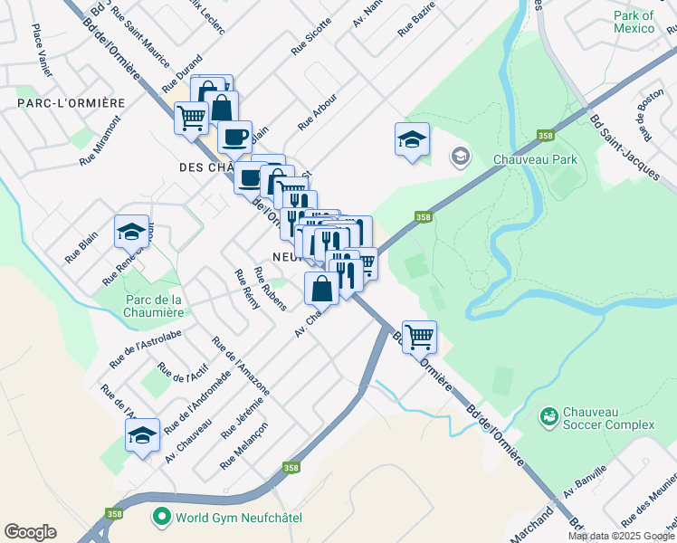 map of restaurants, bars, coffee shops, grocery stores, and more near 9030 Boulevard de l'Ormière in Québec