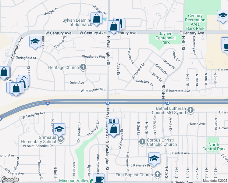 map of restaurants, bars, coffee shops, grocery stores, and more near 205 West Interstate Avenue in Bismarck