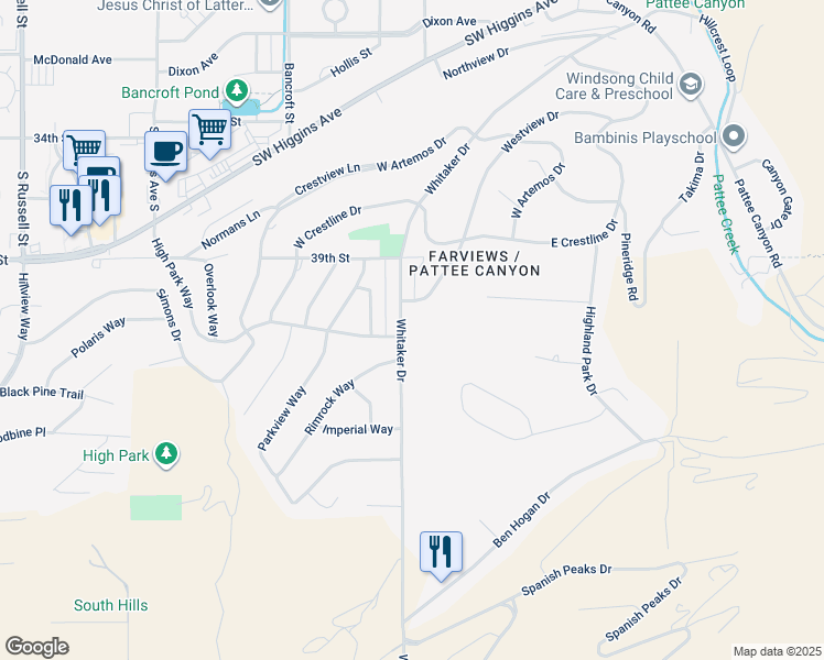 map of restaurants, bars, coffee shops, grocery stores, and more near 624 Whitaker Drive in Missoula