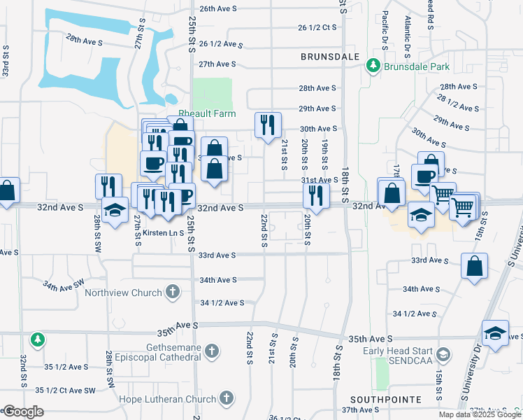 map of restaurants, bars, coffee shops, grocery stores, and more near 2247 32nd Avenue South in Fargo