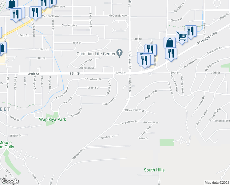 map of restaurants, bars, coffee shops, grocery stores, and more near 112 Cohosset Drive in Missoula