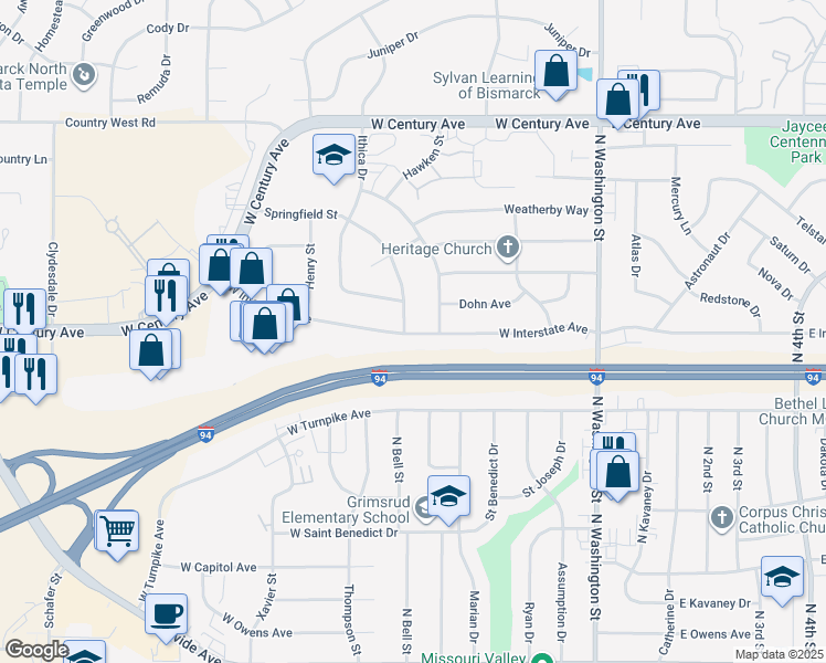 map of restaurants, bars, coffee shops, grocery stores, and more near 2414 Springfield St in Bismarck