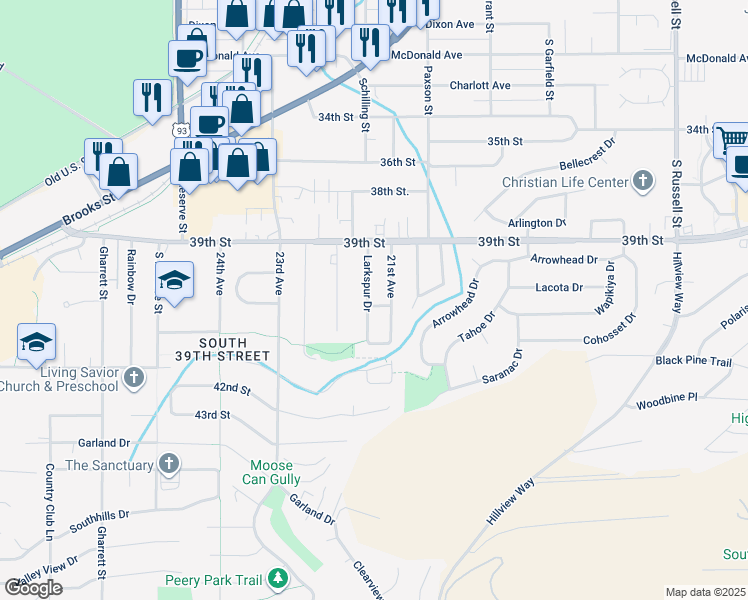 map of restaurants, bars, coffee shops, grocery stores, and more near 4222 Larkspur Drive in Missoula