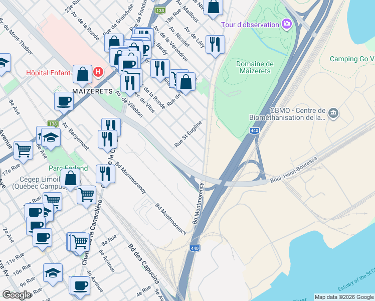 map of restaurants, bars, coffee shops, grocery stores, and more near 1127 Avenue de Vitré in Ville de Québec