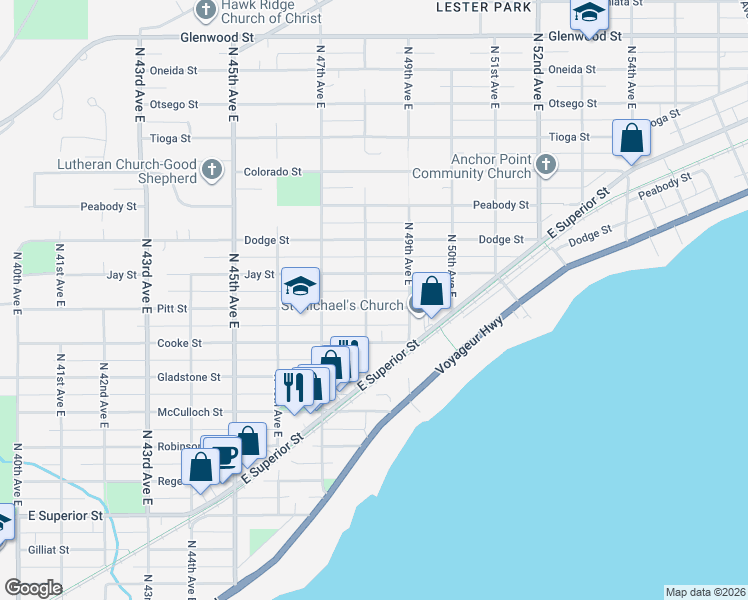 map of restaurants, bars, coffee shops, grocery stores, and more near 4816 Jay Street in Duluth