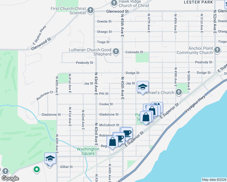 map of restaurants, bars, coffee shops, grocery stores, and more near 4414 Jay Street in Duluth