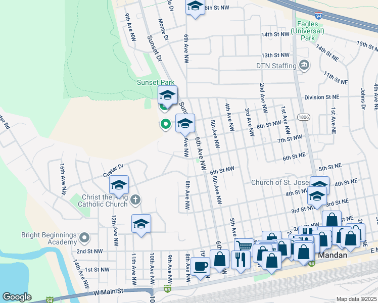 map of restaurants, bars, coffee shops, grocery stores, and more near 806 8th Avenue Northwest in Mandan