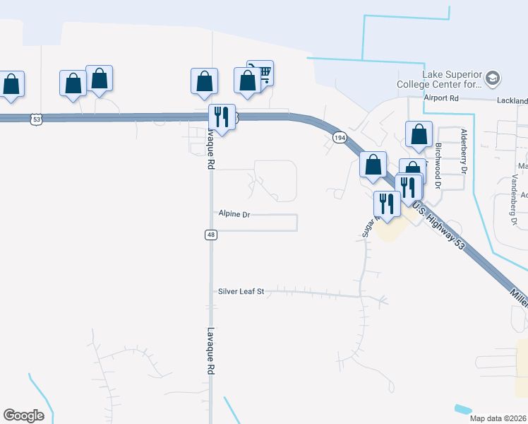 map of restaurants, bars, coffee shops, grocery stores, and more near 5052 Alpine Drive in Hermantown