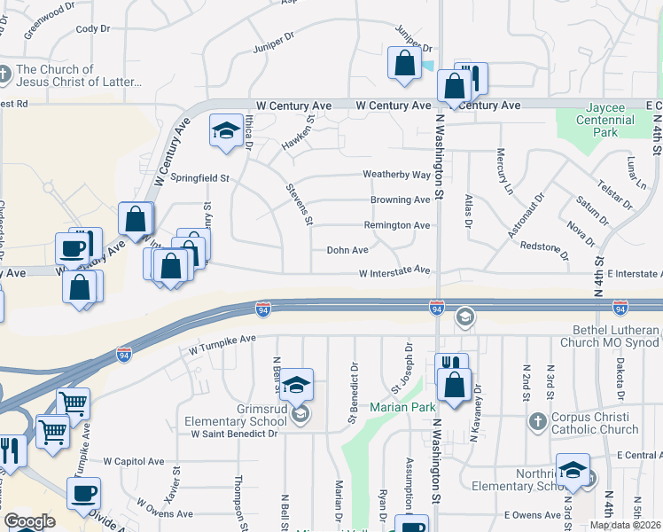 map of restaurants, bars, coffee shops, grocery stores, and more near 607 Dohn Avenue in Bismarck