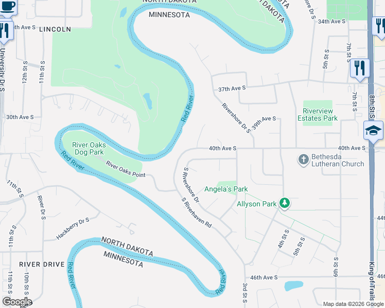 map of restaurants, bars, coffee shops, grocery stores, and more near 3935 River Oak Circle in Moorhead