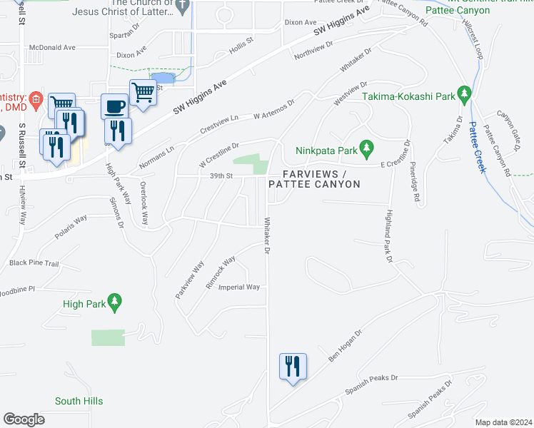 map of restaurants, bars, coffee shops, grocery stores, and more near 623 Whitaker Drive in Missoula