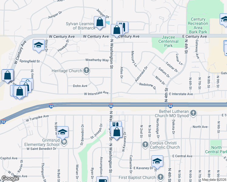 map of restaurants, bars, coffee shops, grocery stores, and more near 2405 North Washington Street in Bismarck