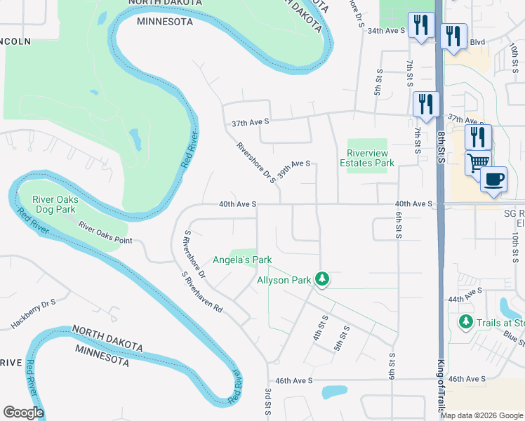 map of restaurants, bars, coffee shops, grocery stores, and more near 4000 2nd Street South in Moorhead