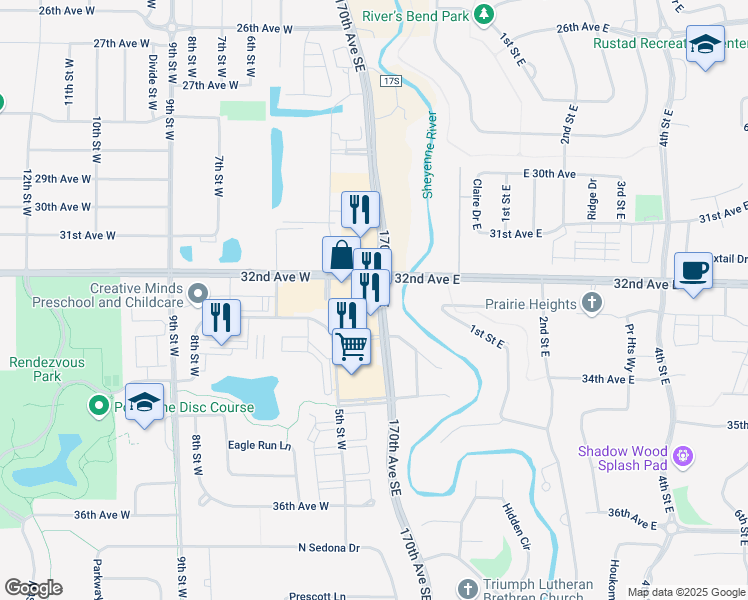 map of restaurants, bars, coffee shops, grocery stores, and more near 3210 Sheyenne St in West Fargo