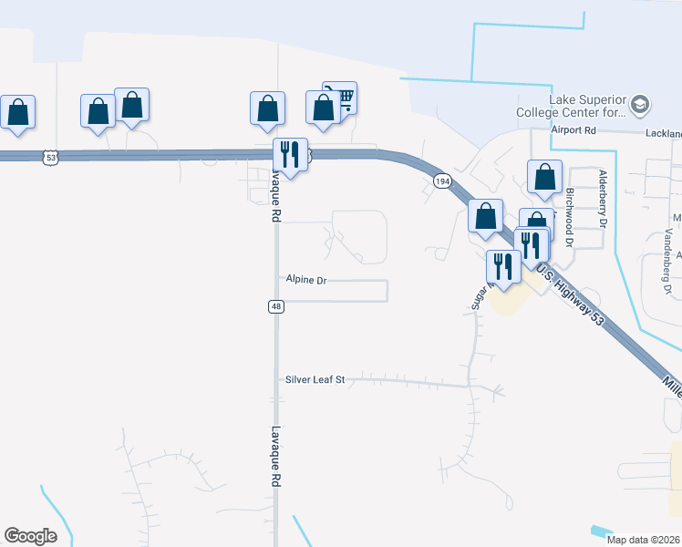 map of restaurants, bars, coffee shops, grocery stores, and more near 5052 Alpine Drive in Hermantown