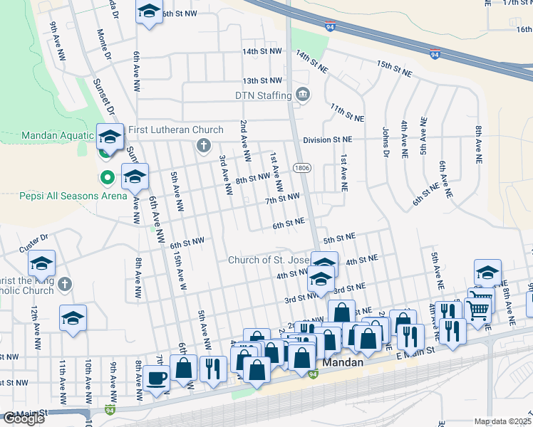 map of restaurants, bars, coffee shops, grocery stores, and more near 708 2nd Avenue Northwest in Mandan