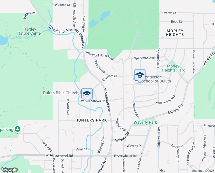 map of restaurants, bars, coffee shops, grocery stores, and more near 2234 Woodland Avenue in Duluth