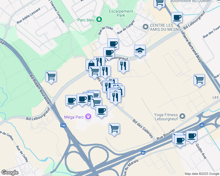 map of restaurants, bars, coffee shops, grocery stores, and more near 5500 Rue du Blizzard in Québec