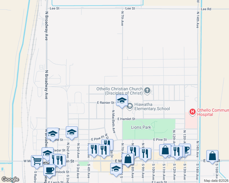 map of restaurants, bars, coffee shops, grocery stores, and more near 595 E Street in Othello