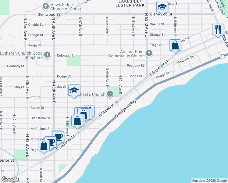 map of restaurants, bars, coffee shops, grocery stores, and more near 4931 Pitt Street in Duluth