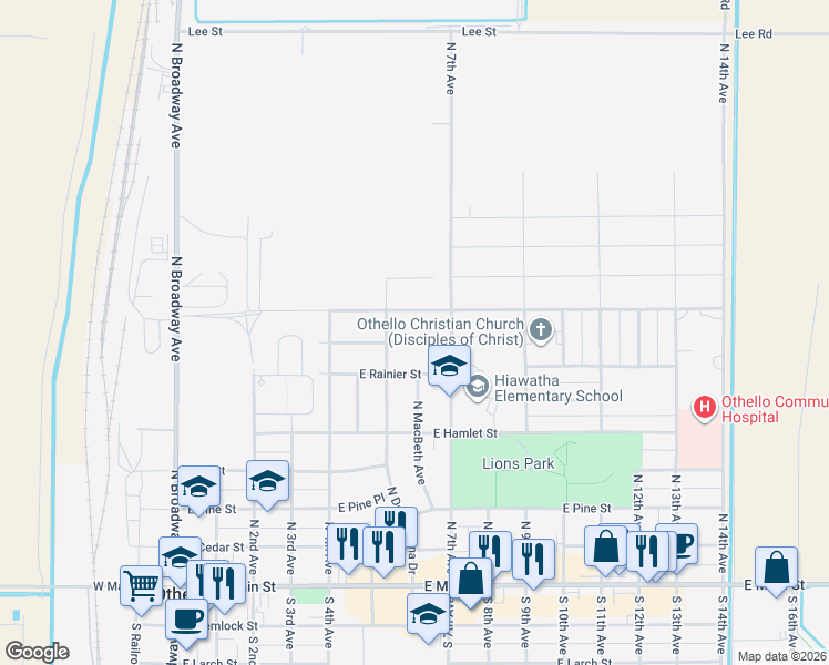 map of restaurants, bars, coffee shops, grocery stores, and more near 595 E Street in Othello