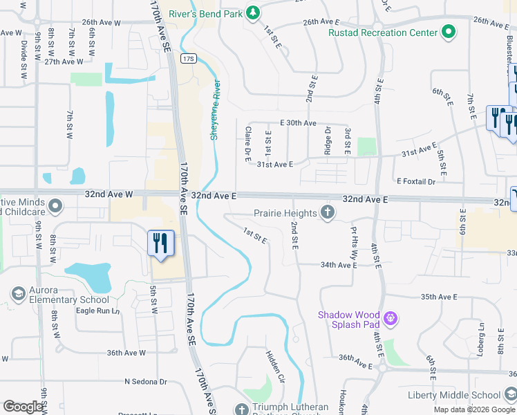 map of restaurants, bars, coffee shops, grocery stores, and more near 144 33rd Avenue East in West Fargo