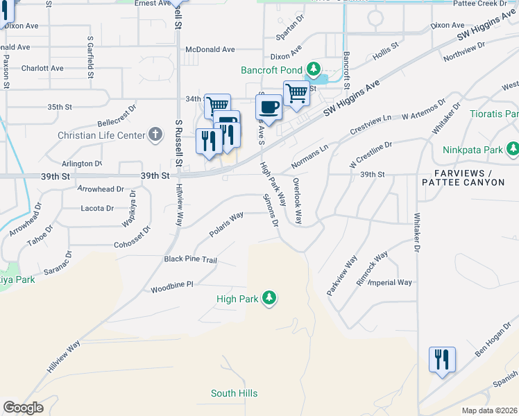map of restaurants, bars, coffee shops, grocery stores, and more near 704 Polaris Way in Missoula