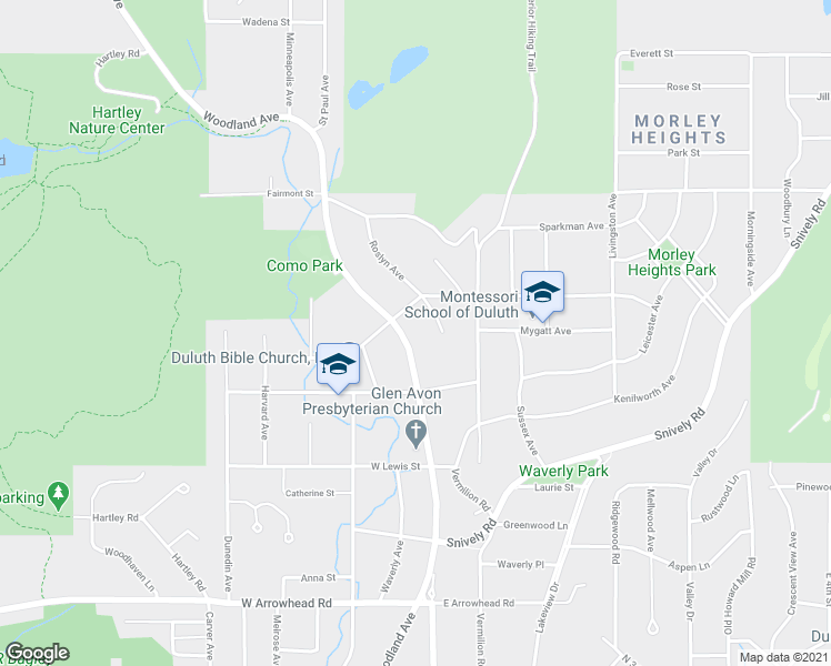 map of restaurants, bars, coffee shops, grocery stores, and more near 2234 Woodland Avenue in Duluth
