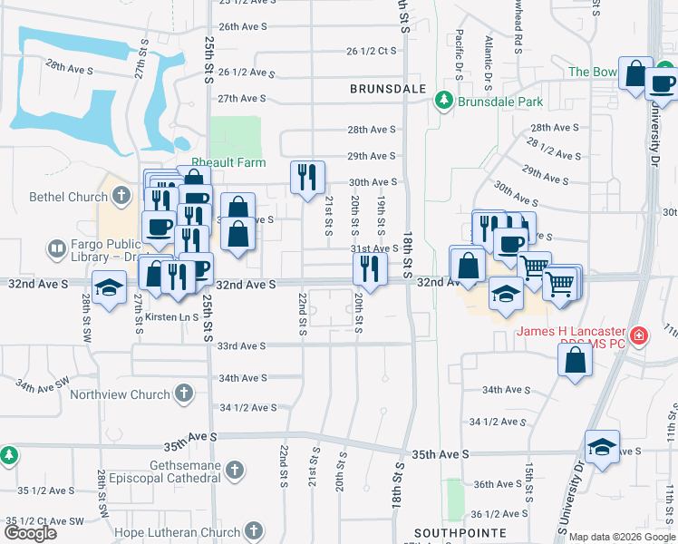map of restaurants, bars, coffee shops, grocery stores, and more near 1923 32nd Ave S in Fargo