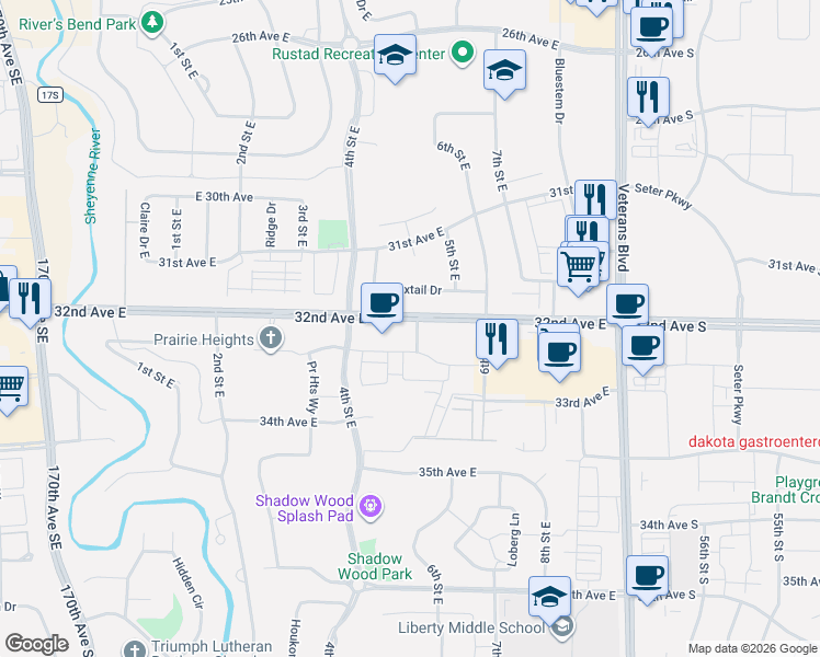 map of restaurants, bars, coffee shops, grocery stores, and more near 5852 32nd Avenue East in Fargo