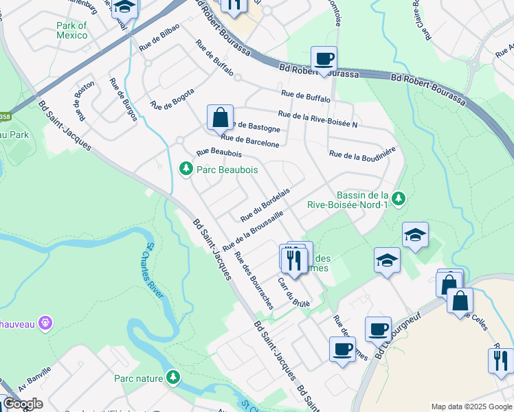 map of restaurants, bars, coffee shops, grocery stores, and more near 2810 Rue du Bordelais in Ville de Québec