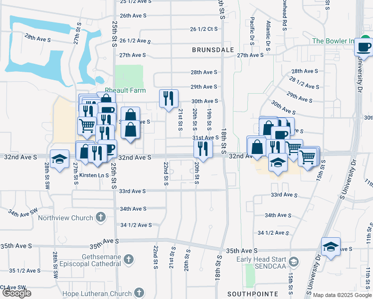 map of restaurants, bars, coffee shops, grocery stores, and more near 1923 32nd Ave S in Fargo