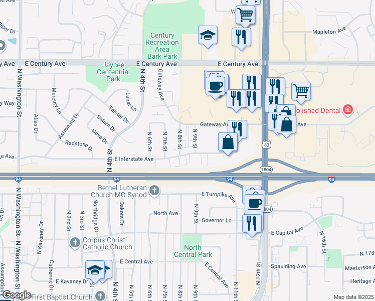 map of restaurants, bars, coffee shops, grocery stores, and more near 802 East Interstate Avenue in Bismarck